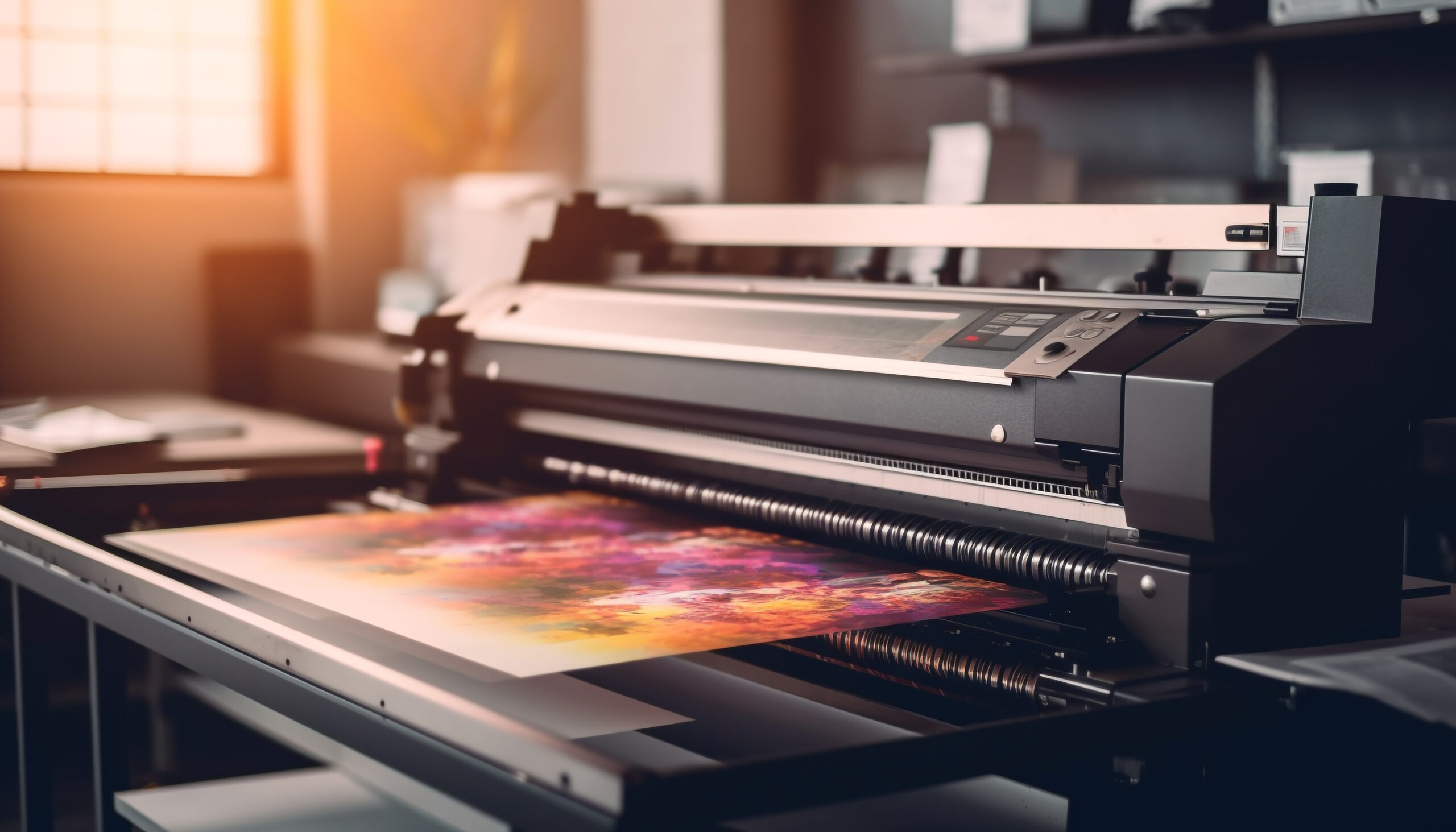 modern printing press creates colorful documents indoors generated by ai
